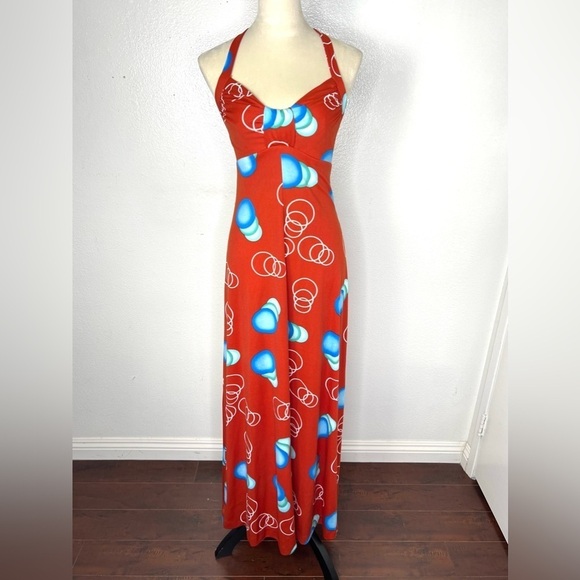 VINTAGE 1970s Maxi Dress Empire Waist Halter Neck Vtg 70s Gown Brick Red - Picture 1 of 11